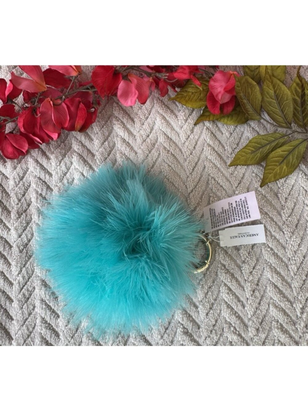 American Eagle Blue Summer Cute Pom-Pom Furry Keychain Bag Charm Key Ring NEW